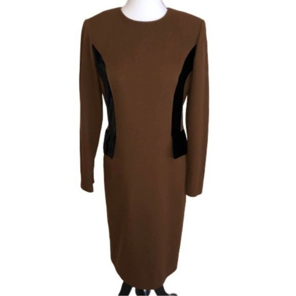 Carlisle Brown Wool Dress Velvet Peplum Detail 4